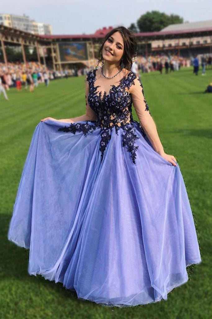 A Line Long SLeeves Blue Lace Appliques Prom Dresses INP84