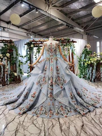 Ball Gown Light Blue Cap Sleeve Long Prom Dresses, Beaded Lace up Quinceanera Dresses INN75