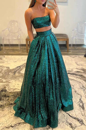 Emerald Green Sequins Two Pieces Strapless Long Prom Dress With Pockets IN1996
