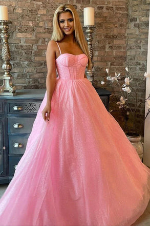Shiny A Line Pink Tulle Spaghetti Straps Sparkly Long Prom Dress IN1969