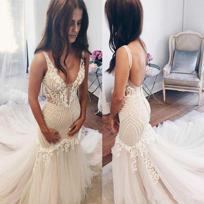 Modest Mermaid Ivory Sexy Sleeveless Lace Wedding Dresses INC82