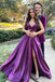 V Neck Backless Purple AQ Line Satin Long Prom Dress with High Slit IN1966
