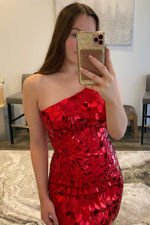 One-Shoulder Red Cut Glass Mirror Fitted Mini Homecoming Dresses Short Prom Dress INHD22