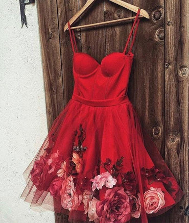 Burgundy Tulle Short Prom Dress, Spaghetti Straps Homecoming Dress With Flowers INL79