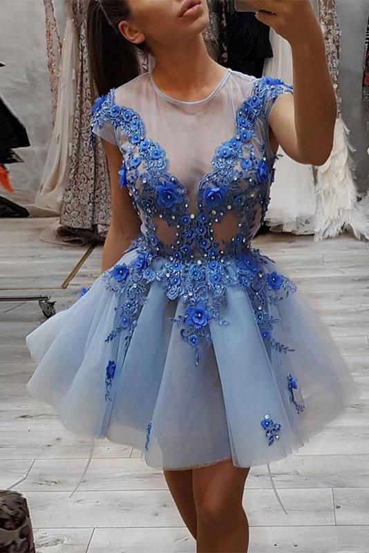 Blue Round Neck Lace Appliques Short Prom Dress, Blue Tulle Evening Dress INP52