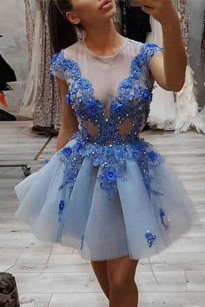 Blue Round Neck Lace Appliques Short Prom Dress, Blue Tulle Evening Dress INP52