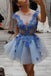Blue Round Neck Lace Appliques Short Prom Dress, Blue Tulle Evening Dress INP52