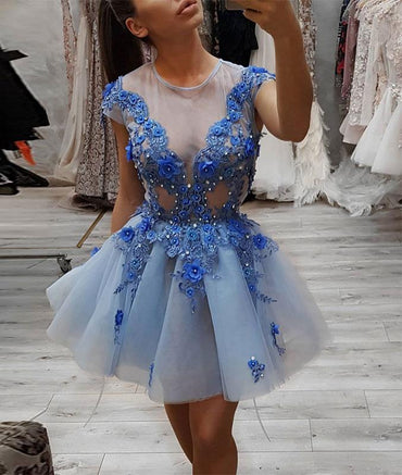 Blue Round Neck Lace Appliques Short Prom Dress, Blue Tulle Evening Dress INP52
