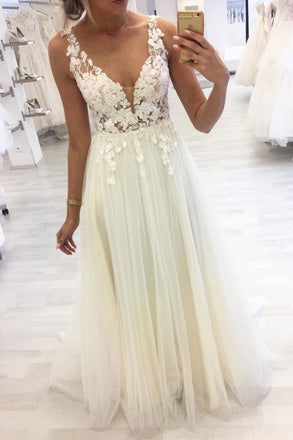 Unique V Neck Lace Applique Long Prom Dress A Line Tulle Formal Dresses INQ37