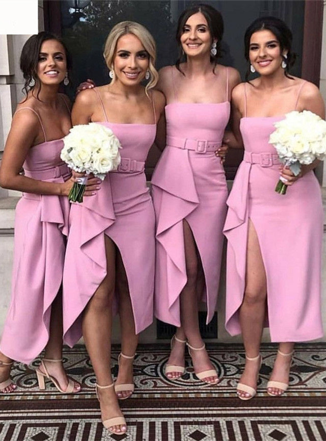 A Line Satin Pink High Low Length Leg Slit Bridesmaid Dresses With Belt IN1839