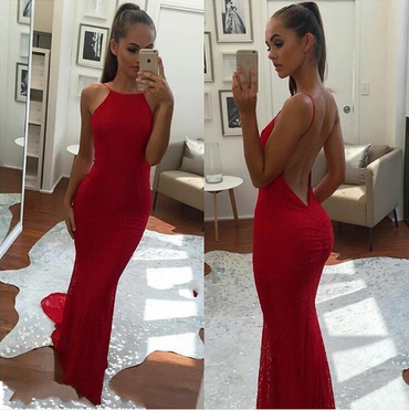 Simple Spaghetti Straps Backless Red Prom Dress,Long Mermaid Formal Dresses INI38