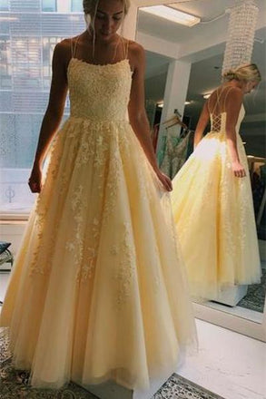 A-Line Yellow Spaghetti Straps Tulle Long Prom Dress With Appliques INS48