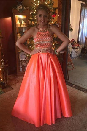 A-line Two Pieces Sleeveless Long Beaded HanINade Prom Dresses K704