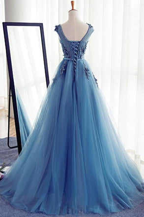 Charming Long Tulle HanINade A Line Blue Prom Gowns,Best Formal Women Dress IN243
