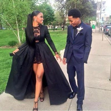 Vintage Long Sleeve Sexy Black A-Line Lace Satin Prom Dresses INE16