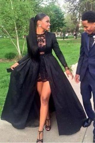 Vintage Long Sleeve Sexy Black A-Line Lace Satin Prom Dresses INE16