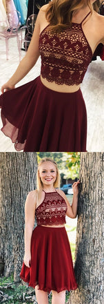 New Arrival Two Piece A Line Short Burgundy Chiffon Homecoming Dress INB15