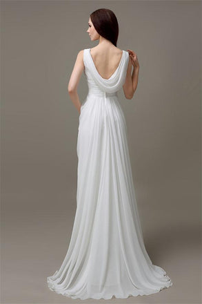 V-neck White Open Back Chiffon Long Simple Plus Size Beach Wedding Dresses W29