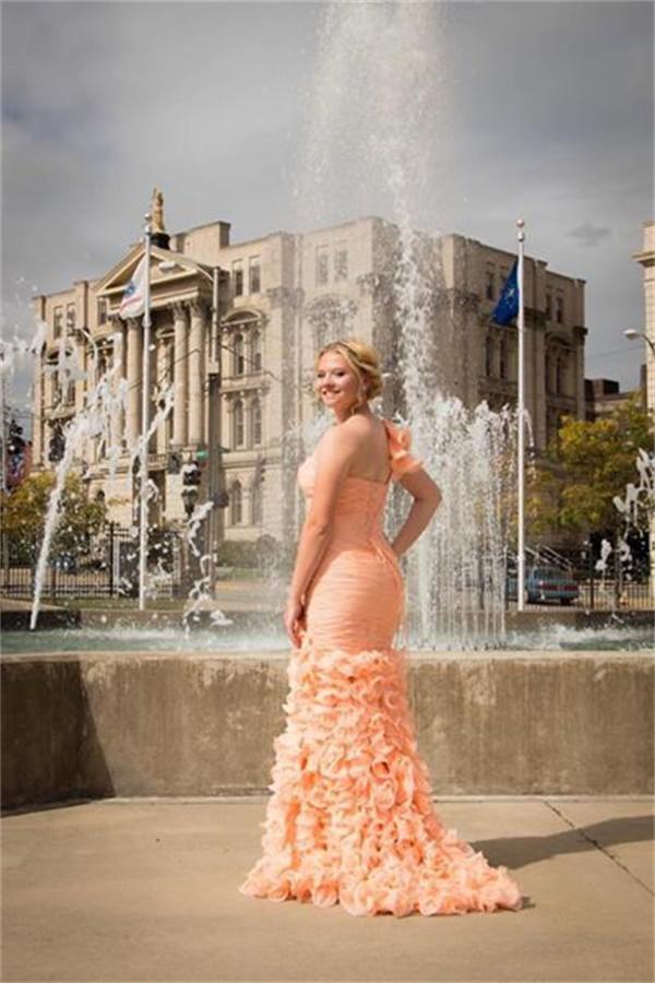 Pink One Shoulder Lace Up Front Split Long Beading Prom Dresses K705