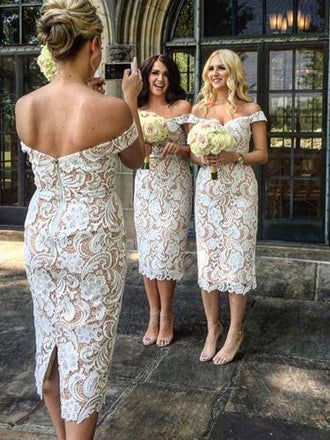 Elegant Off the Shoulder White Lace Tea Length Bridesmaid Dress INN1