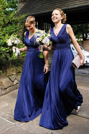 V-Neck  Long Royal Blue A Line Pleats Bridesmaid Dress INM98