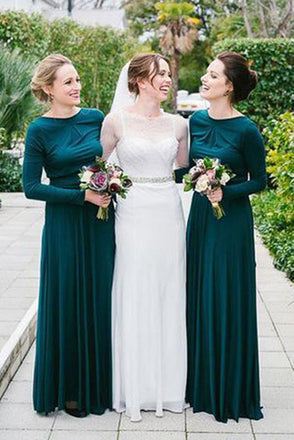 New Arrival Jewel Neck Long Sleeves Dark Green Bridesmaid Dress INM97