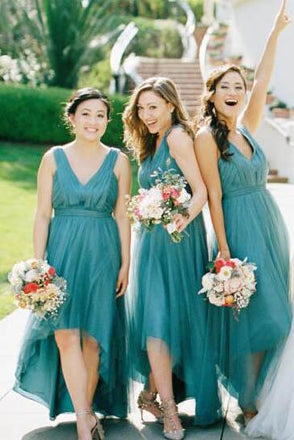 High-Low Teal V Neck A Line Bridesmaid Dress with Pleats INM96