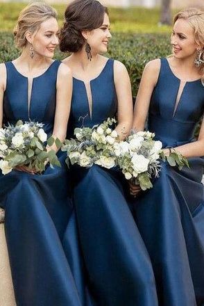 Simple A-Line Satin Navy Blue Bridesmaid Dress with Illusion V Inset INN2