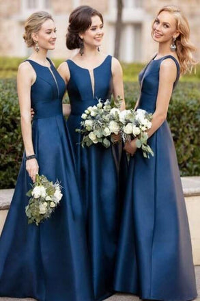 Simple A-Line Satin Navy Blue Bridesmaid Dress with Illusion V Inset INN2