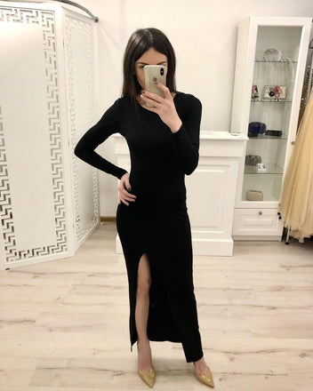 Sheath Long Sleeves Split Black Sexy Prom Dresses, Formal Evening Dresses INI80