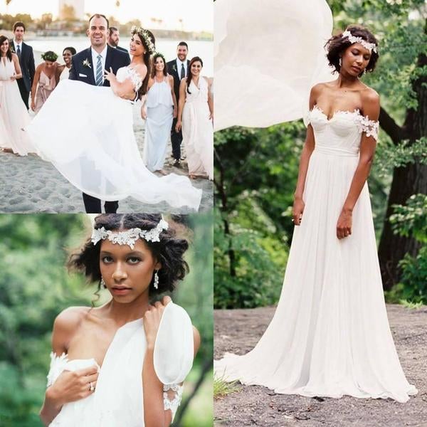 Popular Off the Shoulder Long A-line Ivory Chiffon Sexy Beach Wedding Dresses IN796