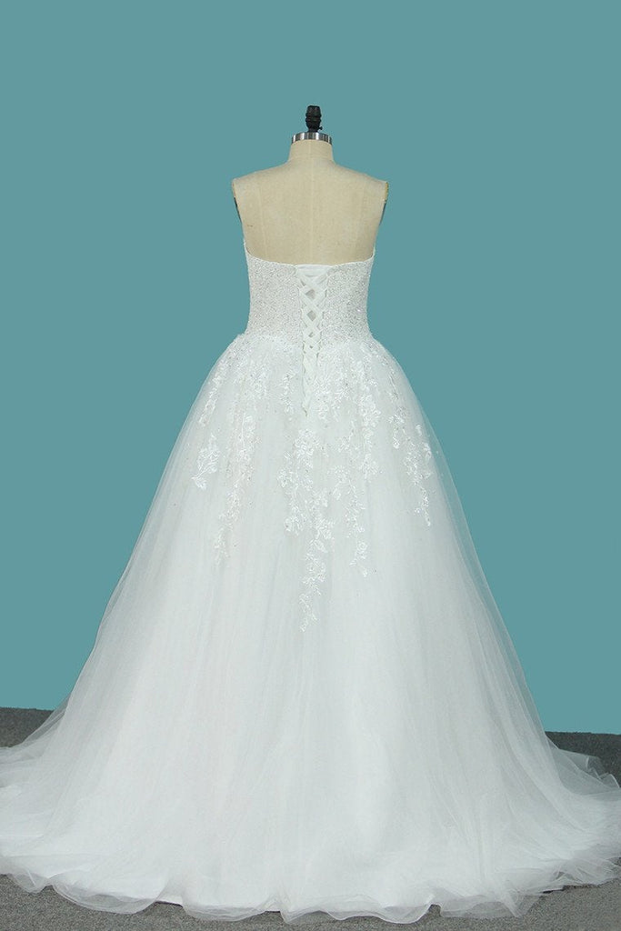 Sweetheart Tulle A Line Wedding Dresses With Applique Beads Sweep Train INE75