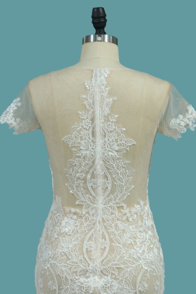 Scoop Short Sleeve Mermaid Tulle Lace Applique Wedding Dresses INE76
