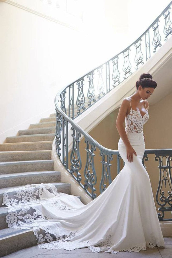 Elegant Spaghetti Straps Mermaid Spandex Wedding Dresses With Applique Court Train INE69