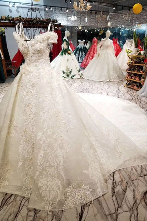 Romantic Off the Shoulder Lace Up Ball Gown Wedding Dresses INE68