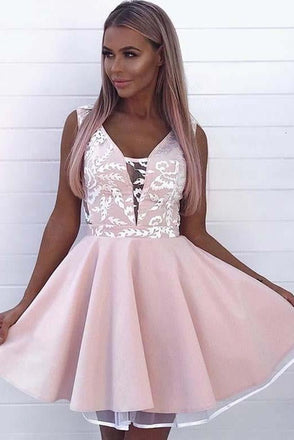 Fashion A Line V Neck Sleeveless Pink Appliques Short Homecoming Dress IND83