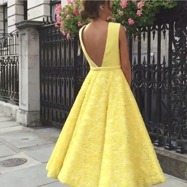 Yellow Lace A Line Deep V Neck Prom Dress,Homecoming Dresses IN977