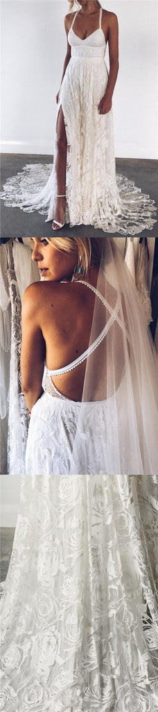 Charming Lace Long A-line Spaghetti Straps Split Ivory Beach Wedding Dress IN739