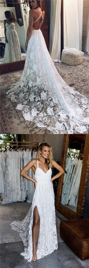 Charming Lace Long A-line Spaghetti Straps Split Ivory Beach Wedding Dress IN739
