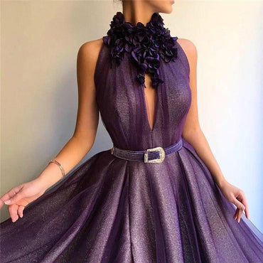 Purple Long A-line Split Cheap Prom Dresses With Flowers INH56