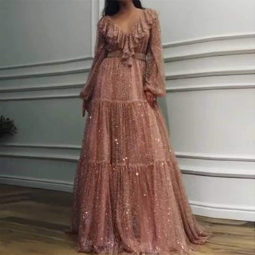 Sparkle V-neck Long Sleeves V-neck Pink Evening Prom Dresses with Ruffles INH92