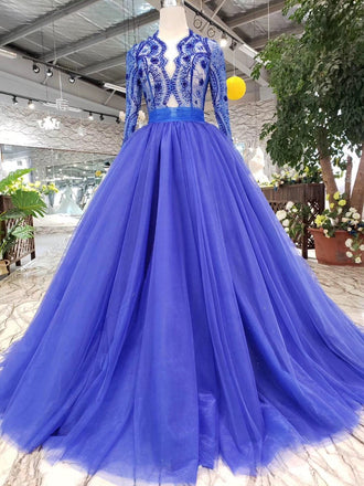 Royal Blue Tulle Long Sleeves Prom Dresses, Quinceanera Dresses INK8