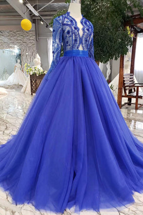 Royal Blue Tulle Long Sleeves Prom Dresses, Quinceanera Dresses INK8