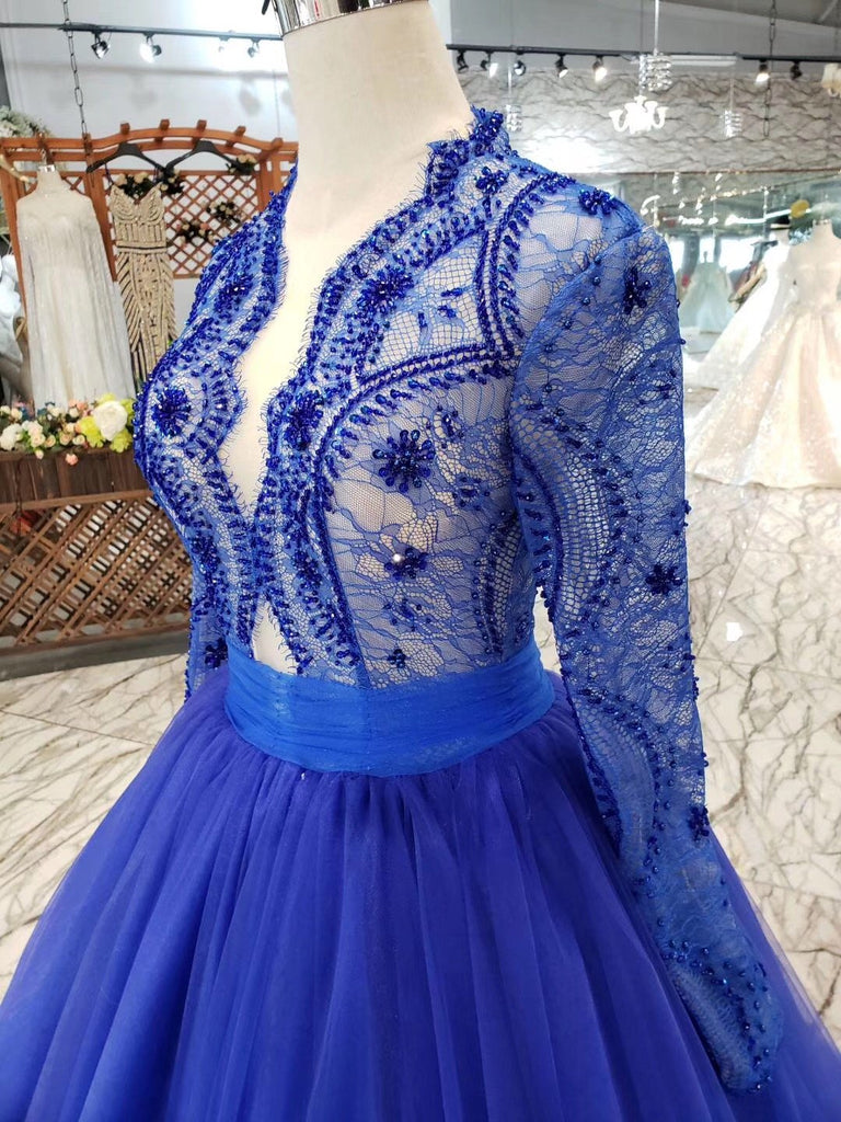 Royal Blue Tulle Long Sleeves Prom Dresses, Quinceanera Dresses INK8