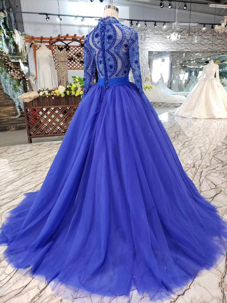 Royal Blue Tulle Long Sleeves Prom Dresses, Quinceanera Dresses INK8