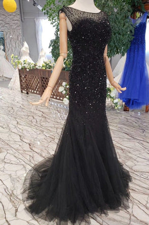 New Arrival Sequins Bodice Prom Dresses Tulle Mermaid Sweep Train INK11