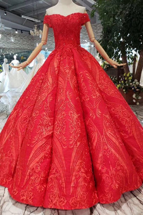 Red Quinceanera Dresses Off The Shoulder Lace Up Back Appliques Beads INK14