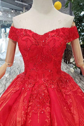 Red Quinceanera Dresses Off The Shoulder Lace Up Back Appliques Beads INK14