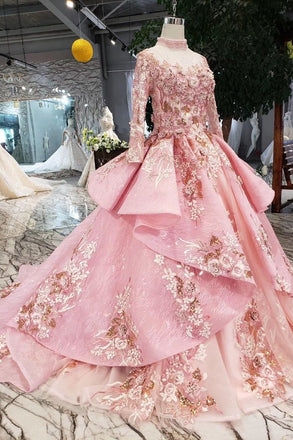 New Arrival Pink Prom Dresses Long Sleeves Ball Gown High Neck Quinceanera Dresses INK17