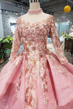 New Arrival Pink Prom Dresses Long Sleeves Ball Gown High Neck Quinceanera Dresses INK17